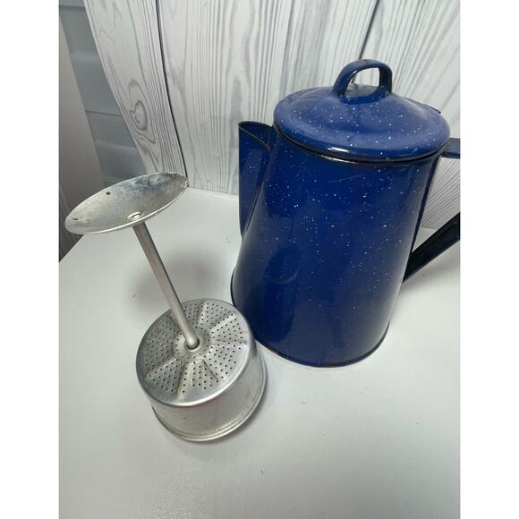 Enamelware Coffee Pot Percolator Blue Speckled Graniteware Camp Fire - Picture 4 of 8